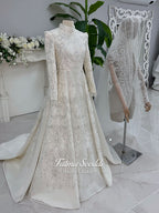 Veiled Hijab Wedding Dress, High Neck Beaded Lace Long Sleeve Elegant Modest A-Line Gown