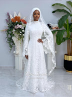 Veiled Hijab Wedding Dress, High Neck Long Sleeve Beaded Lace A-Line Couture