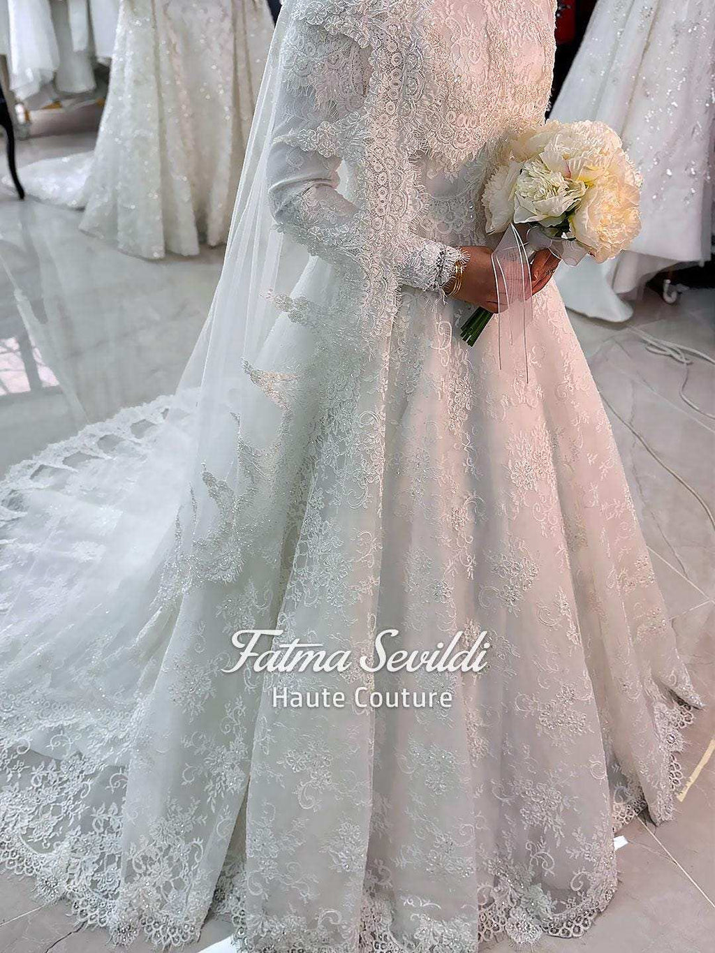 Veiled hijab lace wedding gown with floral embroidery, long train, sheer sleeves, high neckline