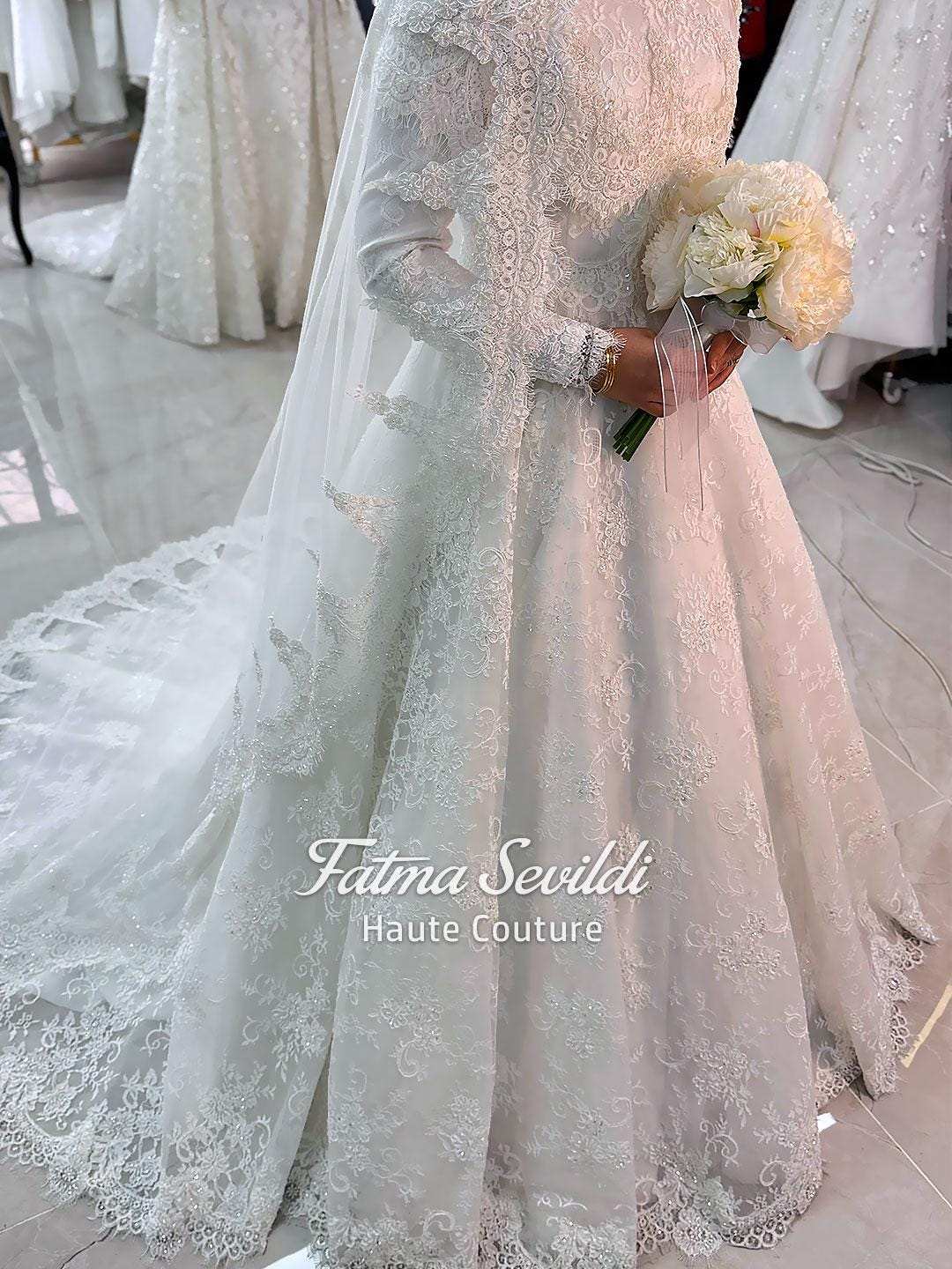 Veiled hijab lace wedding gown with floral embroidery, long train, sheer sleeves, high neckline