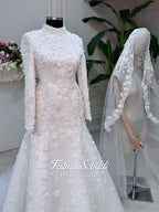 Veiled mermaid hijab wedding dress with silver floral embroidery