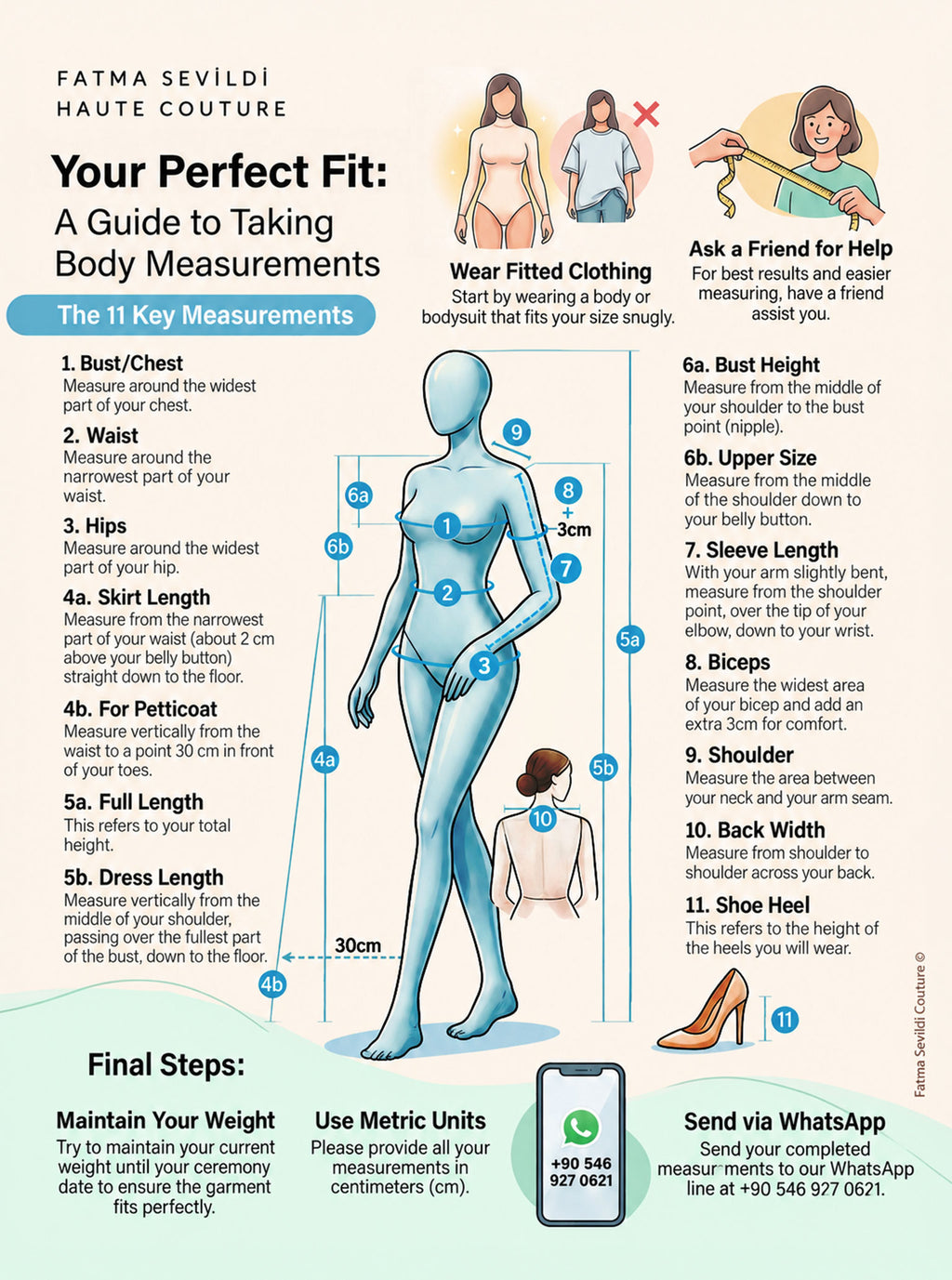 Modest bridal body measurement guide: bust, waist, hips, sleeve length, height and 11 key points for custom hijab wedding dress.