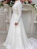 Veiled Muslim wedding dress with beaded lace long sleeves