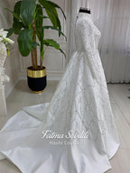 Veiled Pearl hijab wedding dress with silver beaded tree pattern