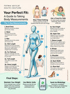 Modest bridal body measurement guide: bust, waist, hips, sleeve length, height and 11 key points for custom hijab wedding dress.