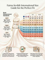 International size chart for modest wedding dress: EU US UK sizes with bust waist hips in cm and inches for perfect fit.