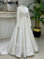 Elegant veiled satin hijab wedding dress with lace beaded bodice