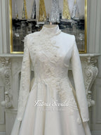 Veiled satin hijab wedding dress with high neck, long sleeve, floral embroidery and beads