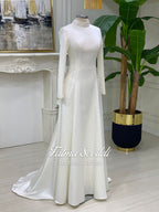 Veiled satin hijab wedding dress with long sleeves and high neck