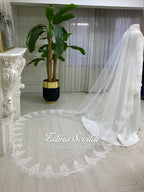 Delicate white lace bridal veil with floral pattern for Veiled Satin Hijab gown