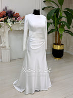 Veiled satin Muslim wedding dress with long sleeves and modest fit