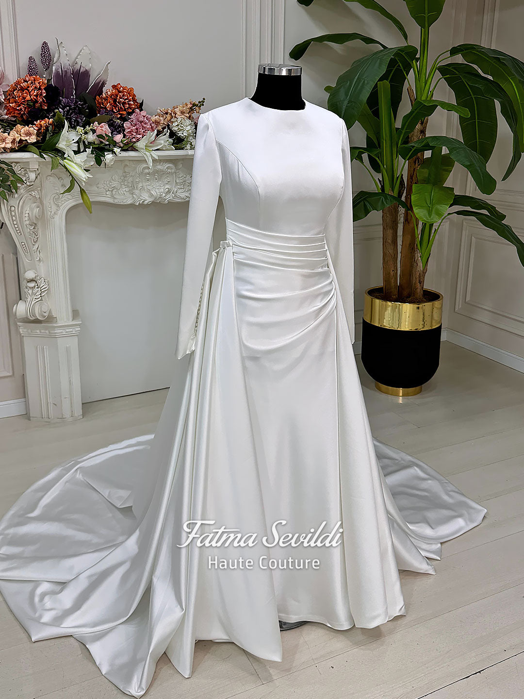 Veiled satin Muslim wedding dress with long sleeves, high neckline, beaded veil