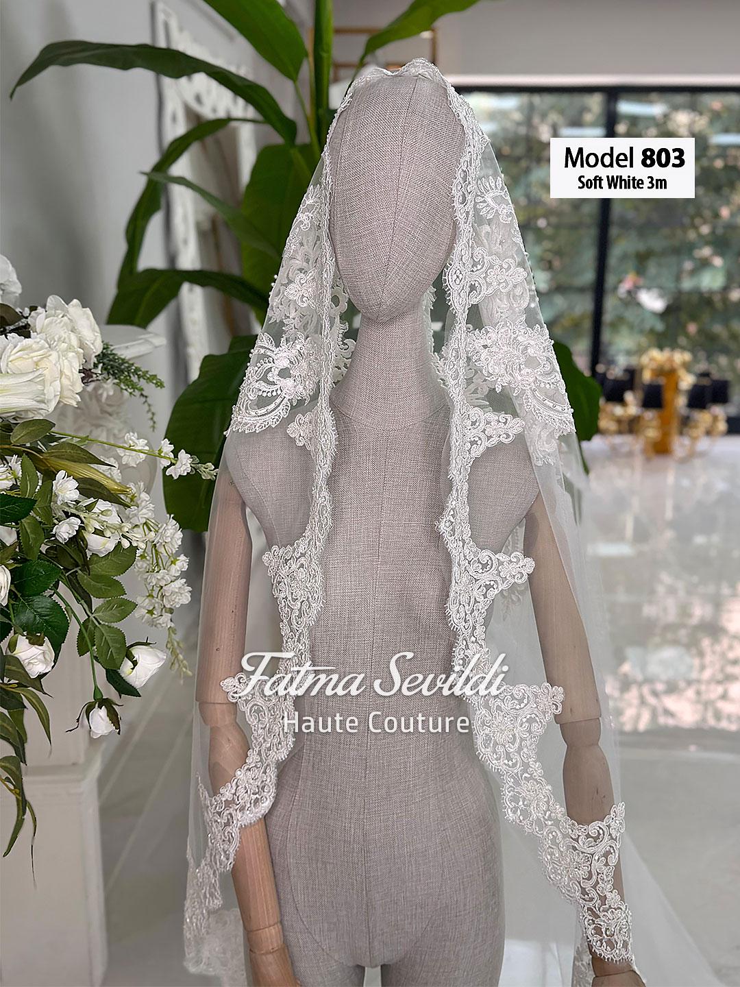 Soft white lace veil model 803, hand-sewn beaded cathedral bridal hijab-ready