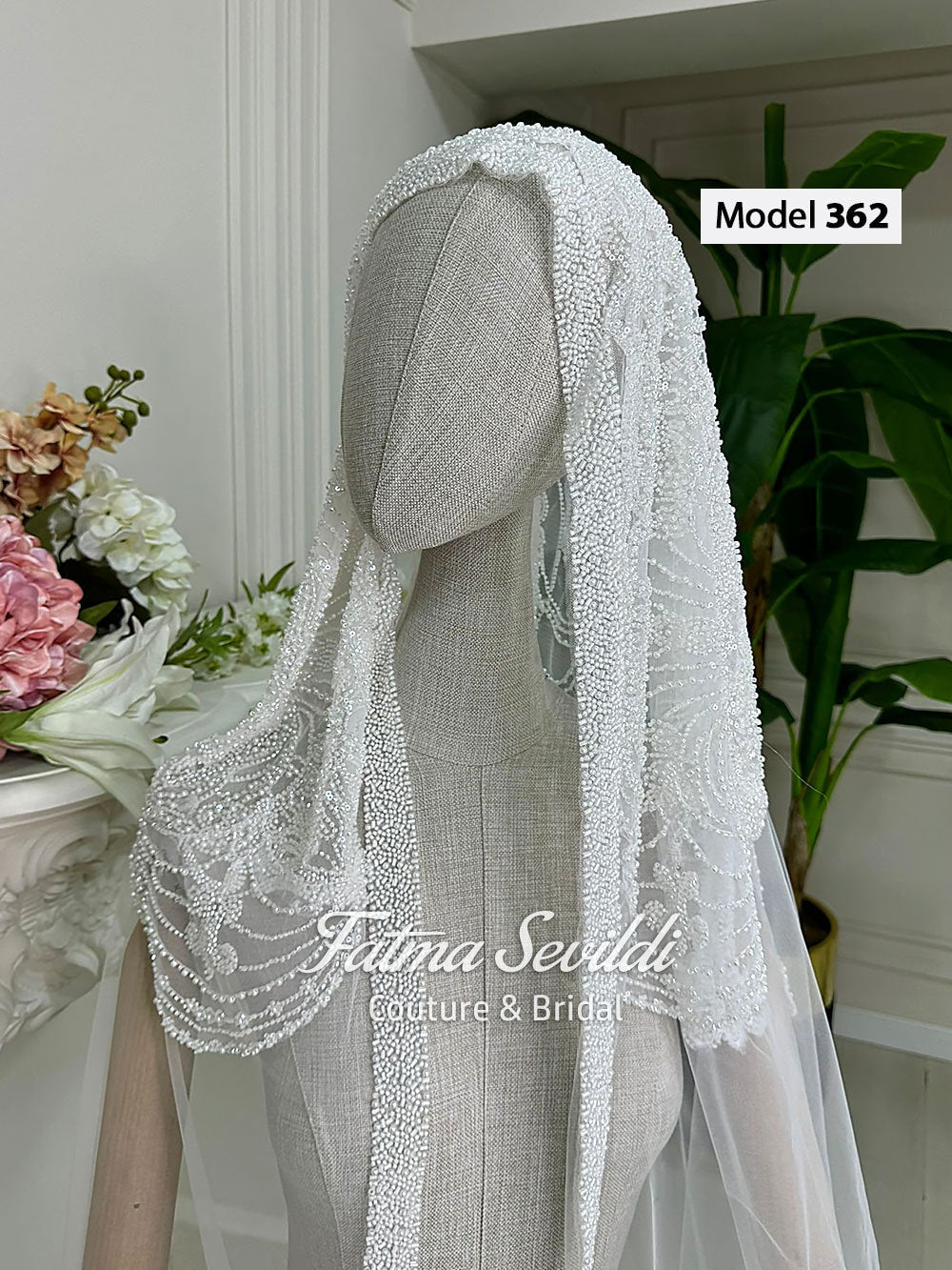 White beaded bridal veil model 362 by Fatma Sevildi Couture & Bridal