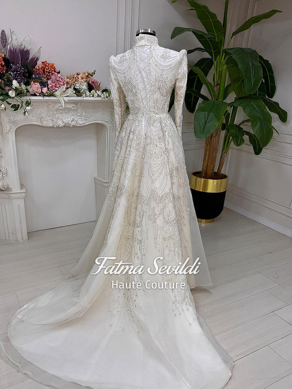 Elegant veiled hijab wedding dress with high neck beaded lace sleeves