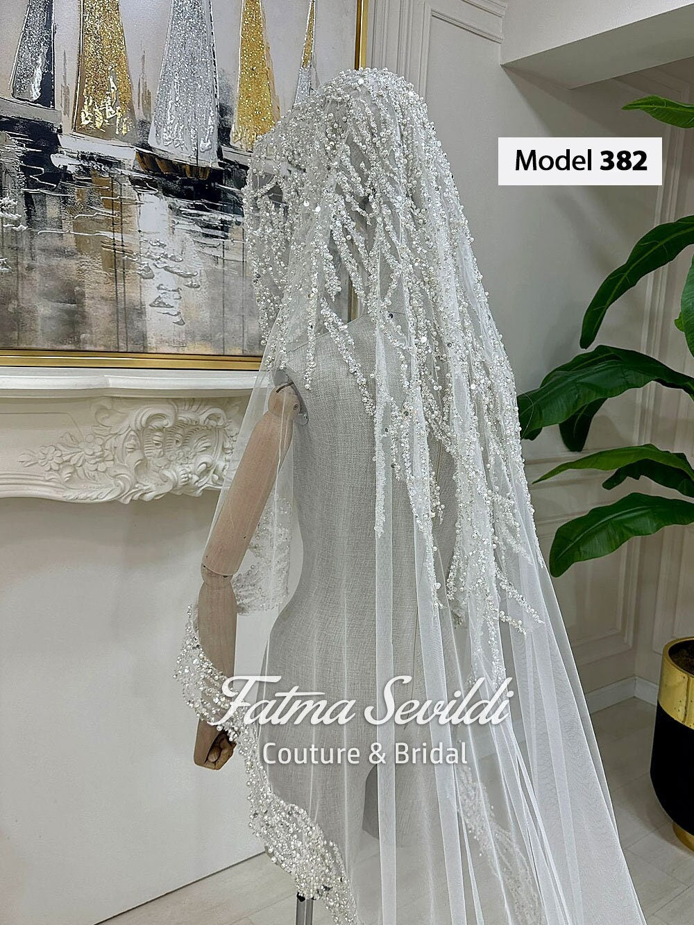 White beaded bridal veil model 382 by Fatma Sevildi Couture, luxury hand-sewn lace mantilla