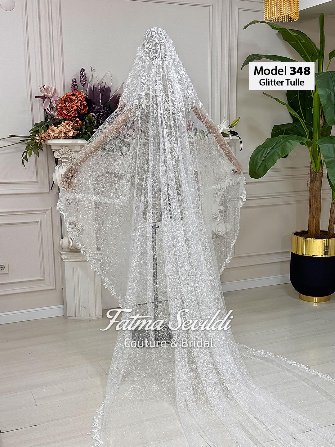 Shimmering white glitter tulle cathedral veil with beaded lace mantilla edge