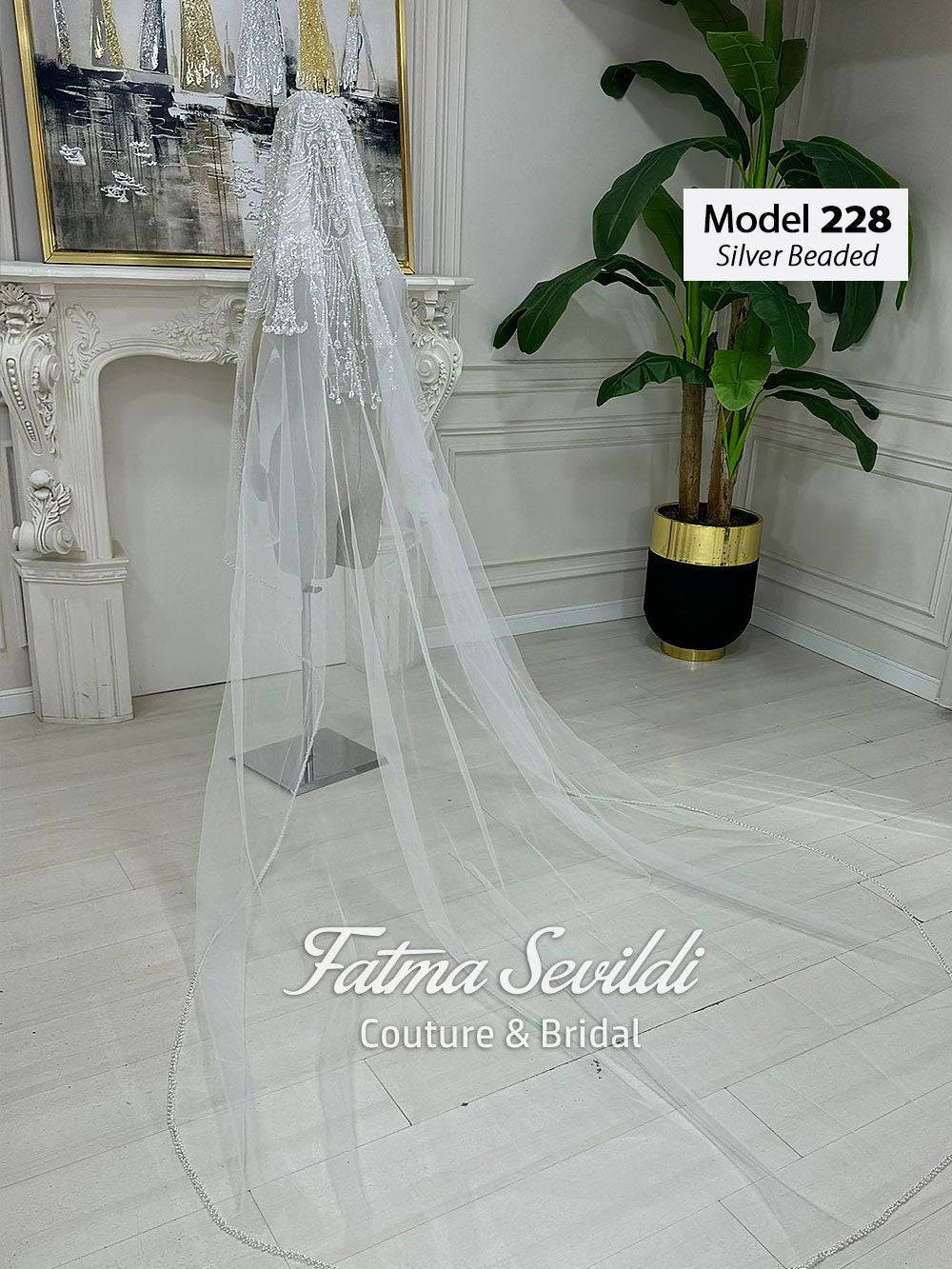 Silver beaded cathedral bridal veil with lace applique, model 228