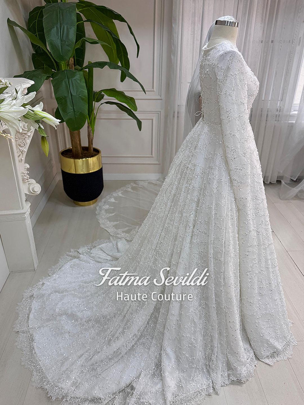 Veiled A-Line Wedding Dress with Full Beading and Long Sleeves