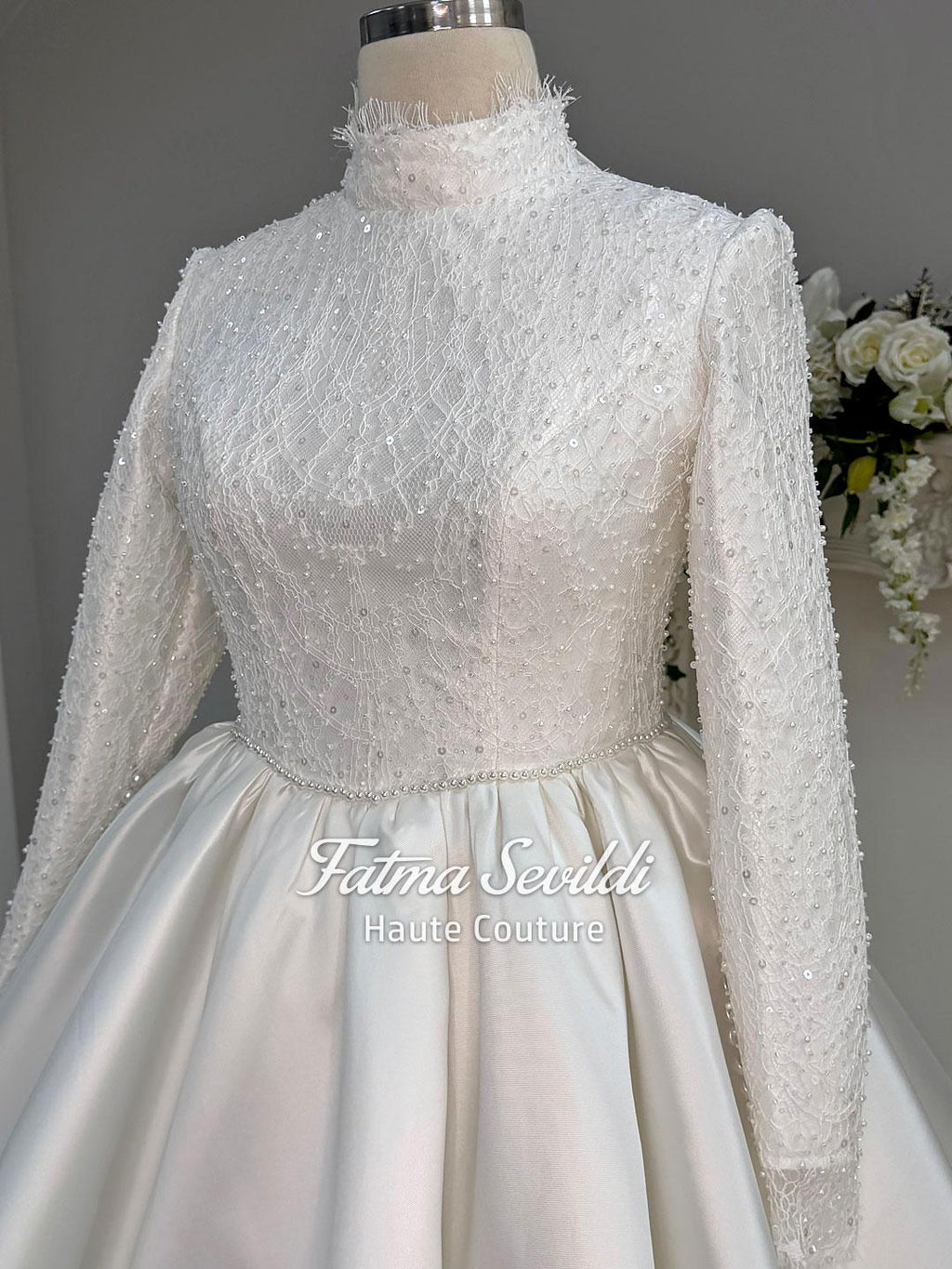 Veiled Hijab Beaded Lace Satin Ballgown Wedding Dress