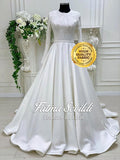 White satin modest A-line wedding dress with lace bodice, long sleeves and veil