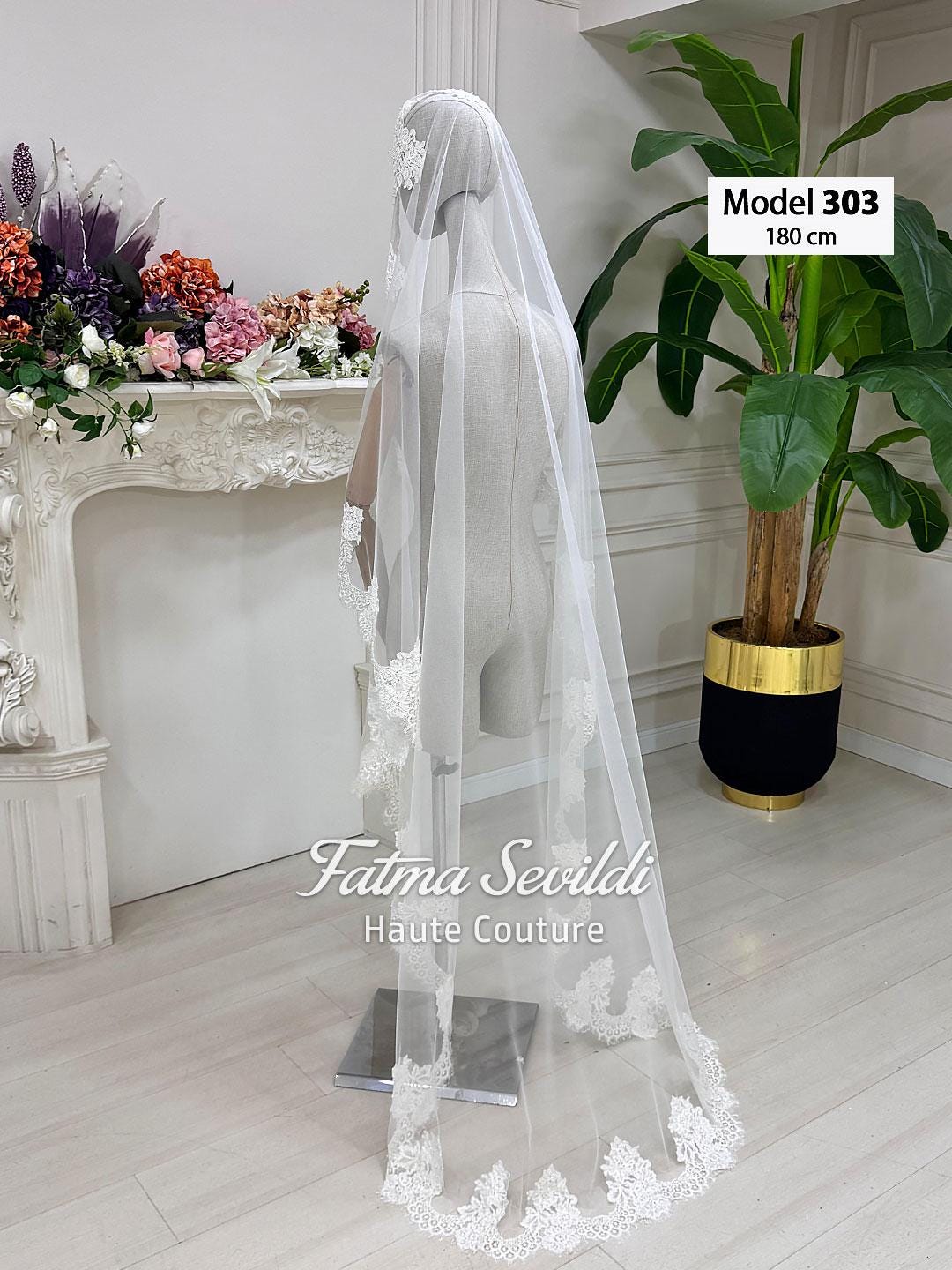 Delicate white lace PART14 cathedral veil with floral embroidery and mantilla frame