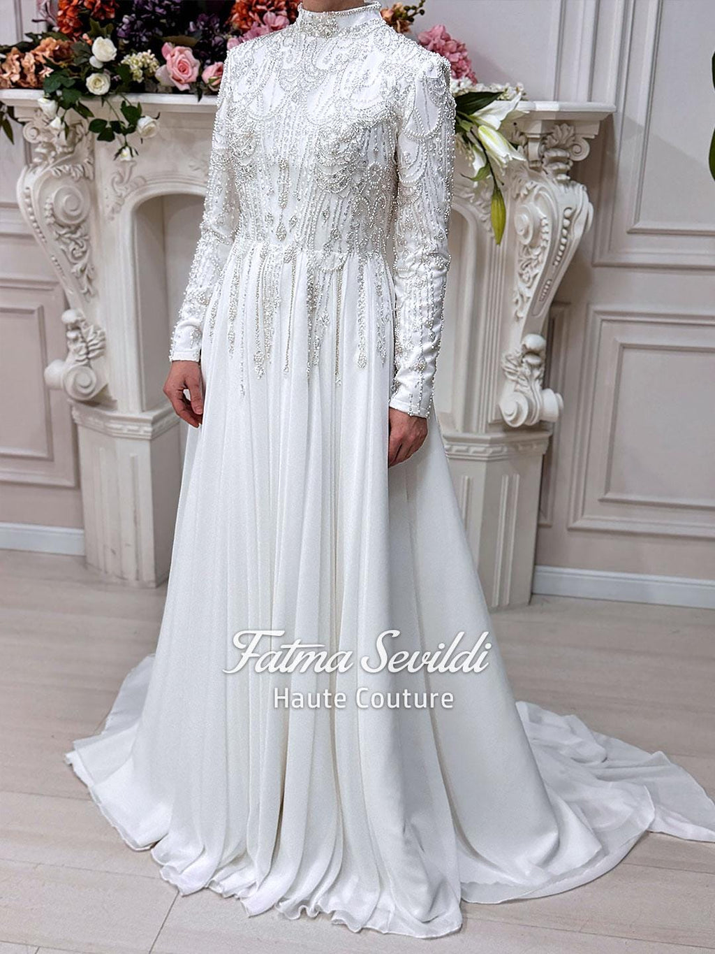 Elegant white satin Muslim wedding dress with beaded long sleeves and cape