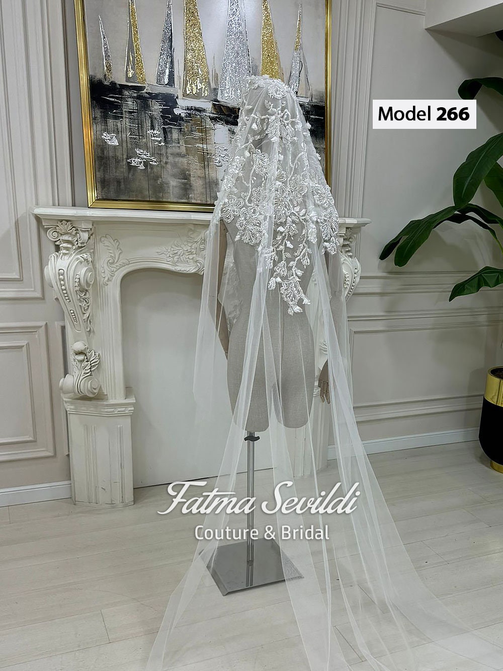 Delicate hand-sewn beaded lace mantilla cathedral veil with floral embroidery