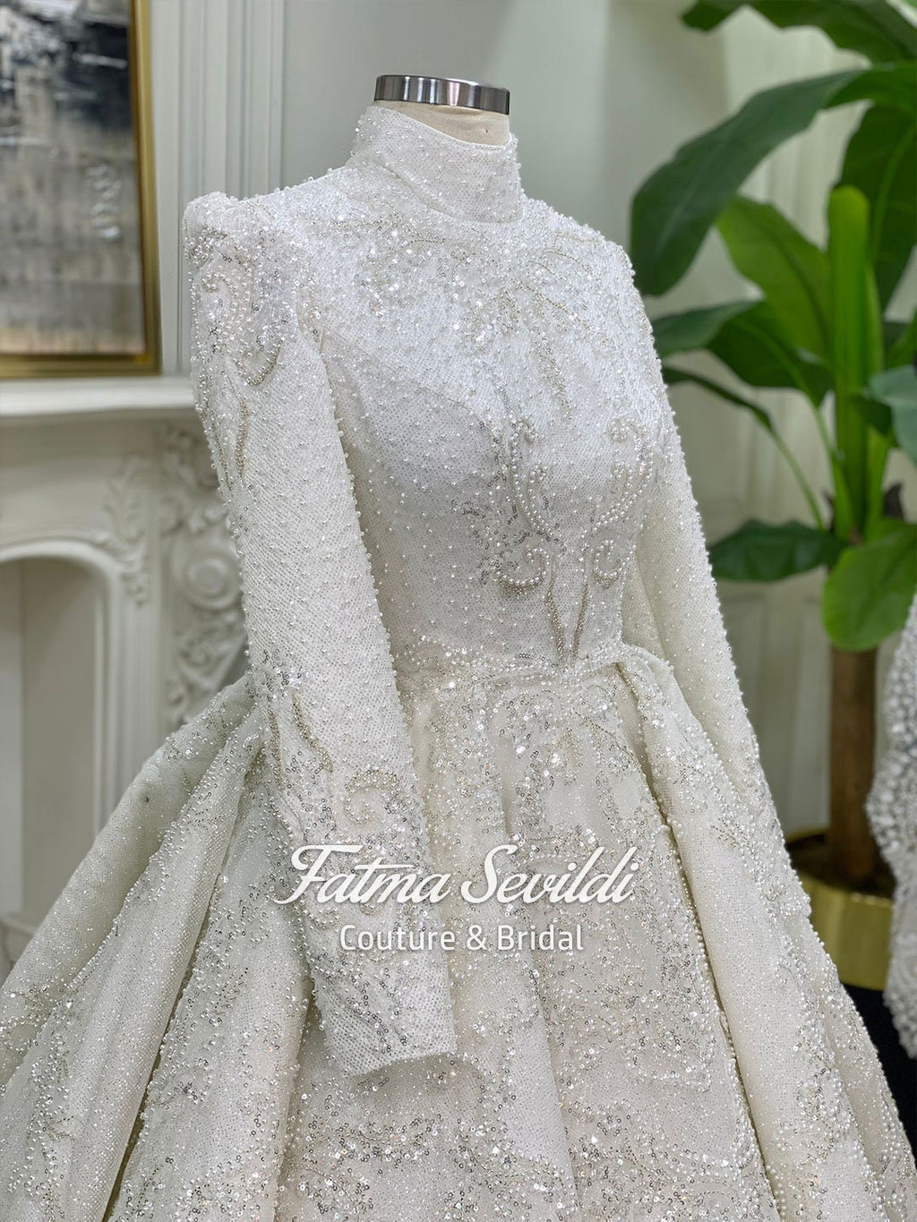 Veiled Modest Wedding Dress with Beaded Lace, High Neck, Long Sleeves