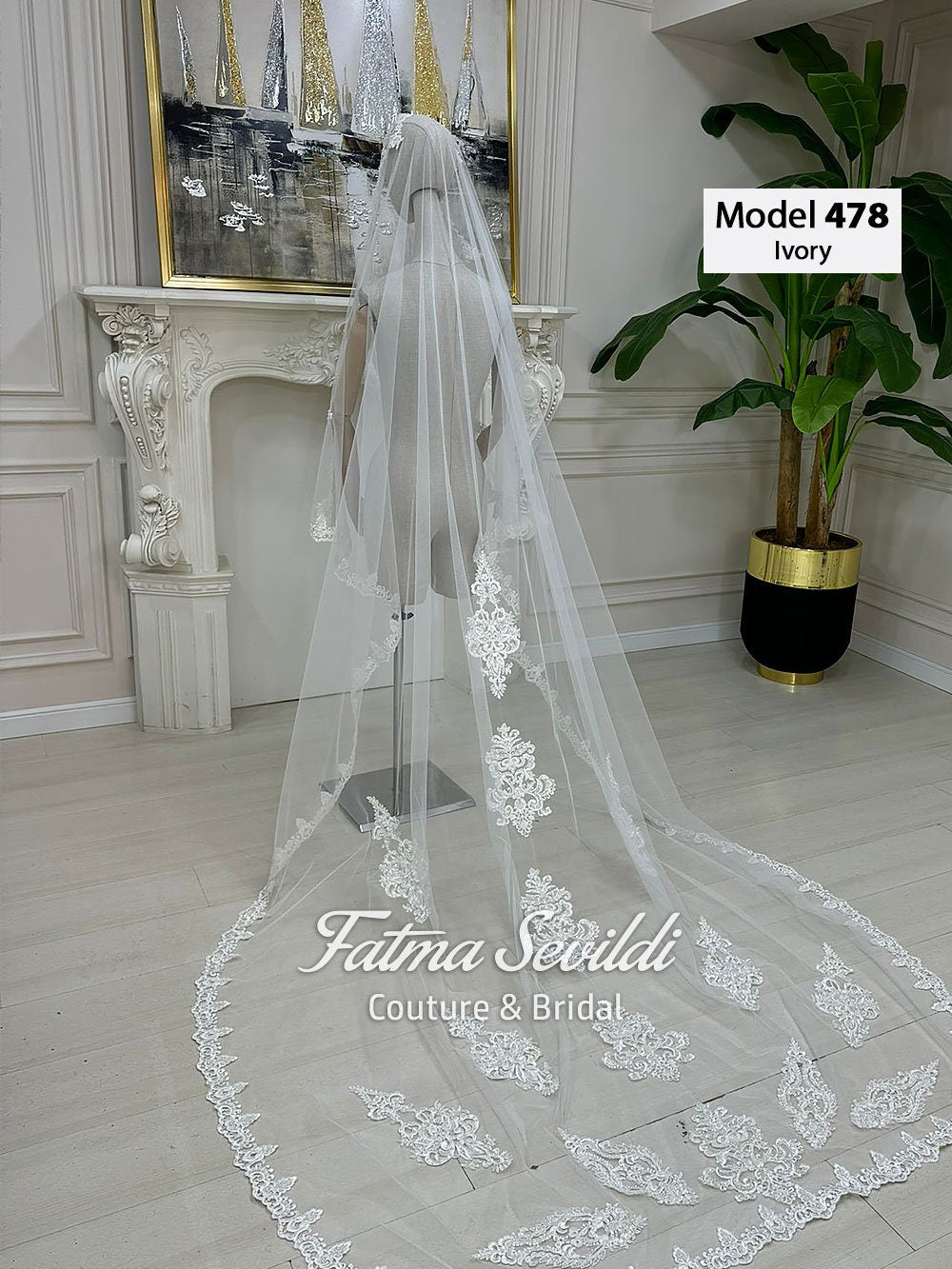 Ivory cathedral lace edge bridal veil by Fatma Sevilidi Couture with appliques