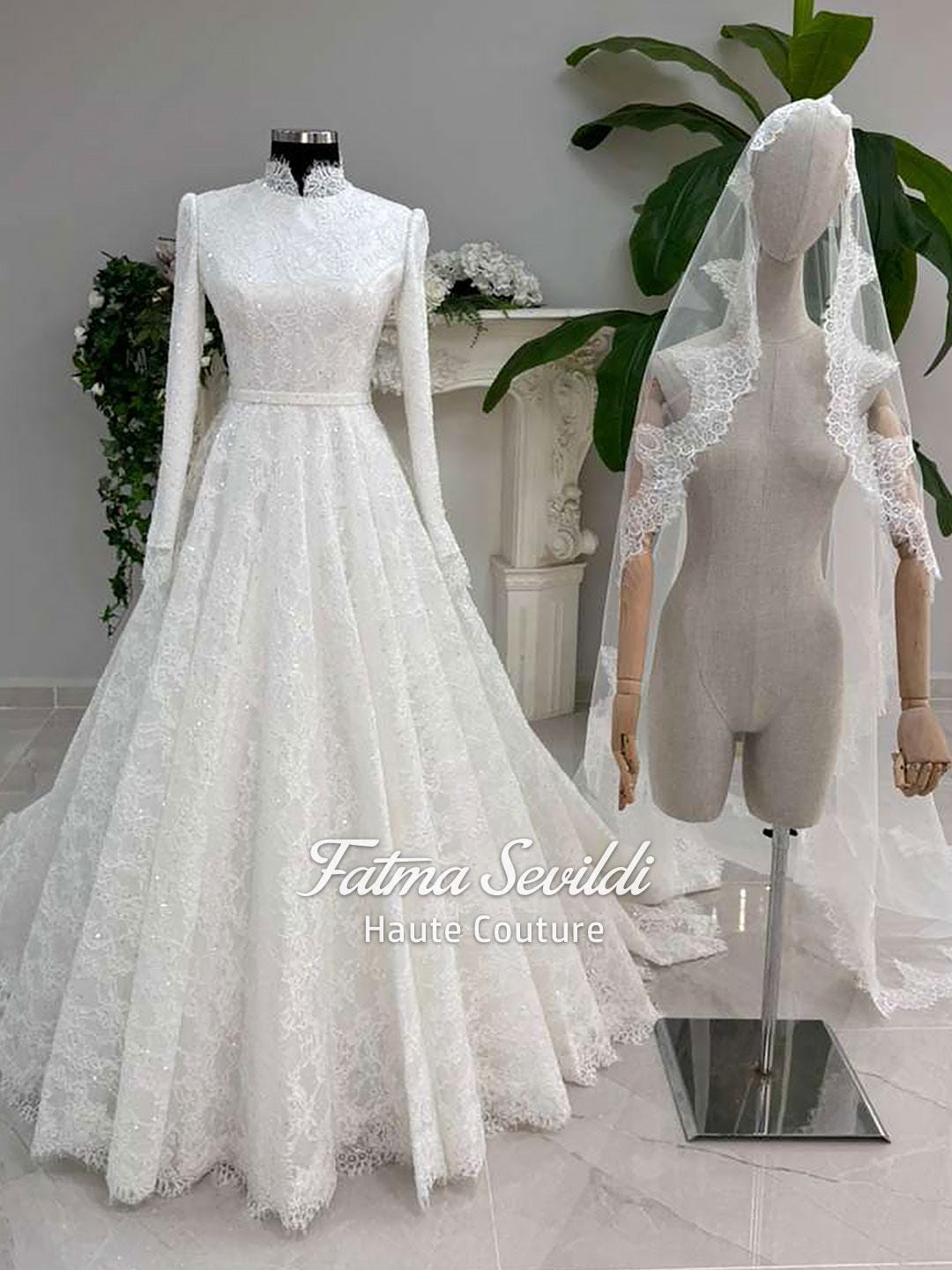 Veiled hijab wedding dress with beaded lace long sleeves and high neck