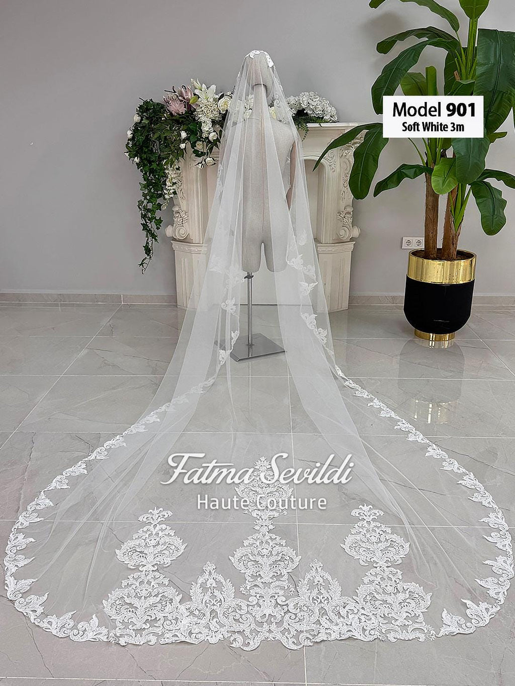 Soft white lace cathedral veil model 901 with floral embroidery hem