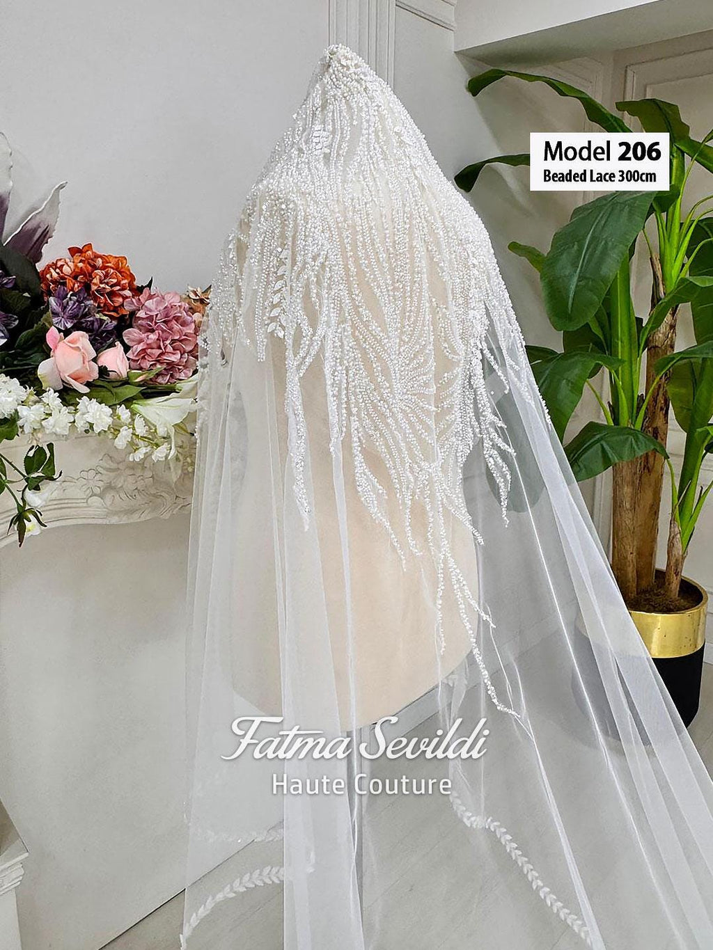 Delicate white beaded lace PART7 cathedral bridal veil, model 206