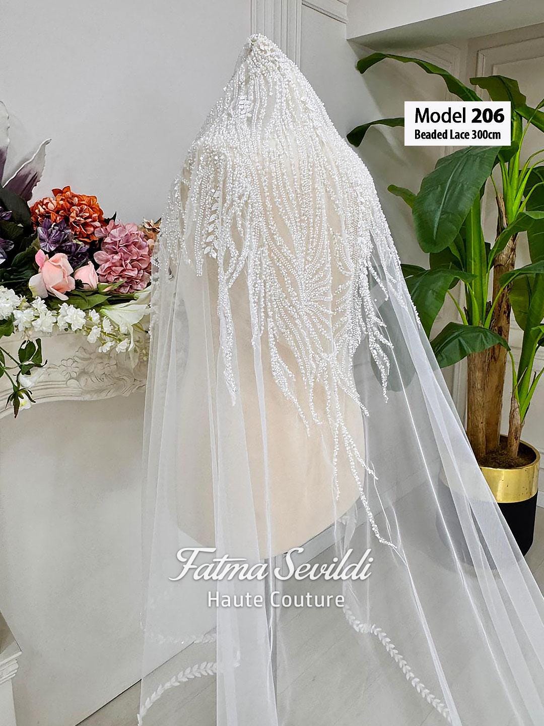 Delicate white beaded lace PART7 cathedral bridal veil, model 206