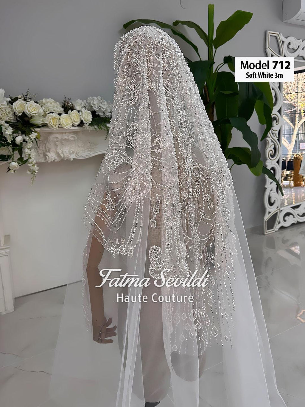 Soft white 3m Fatma Sevildi beaded lace cathedral bridal veil with hijab option