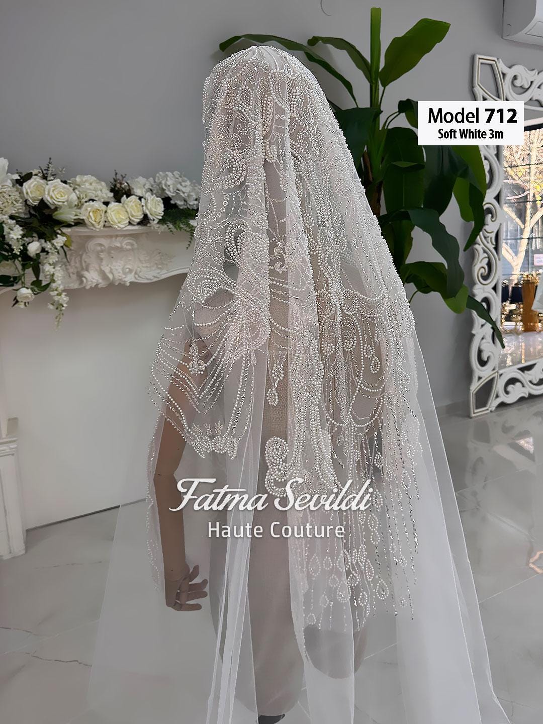 Soft white 3m Fatma Sevildi beaded lace cathedral bridal veil with hijab option