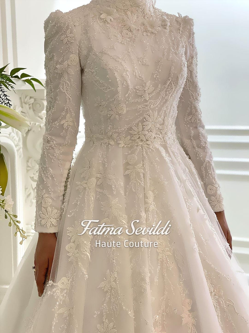 Veiled Muslim wedding dress with high neck beaded lace, long sleeves