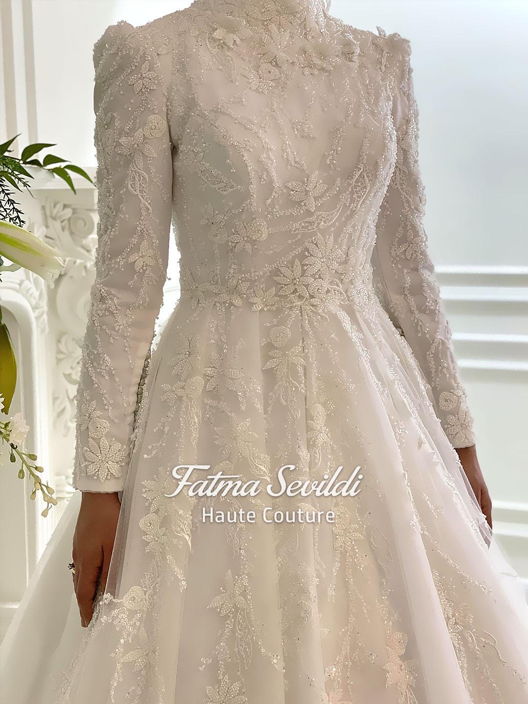 Veiled Muslim wedding dress with high neck beaded lace, long sleeves