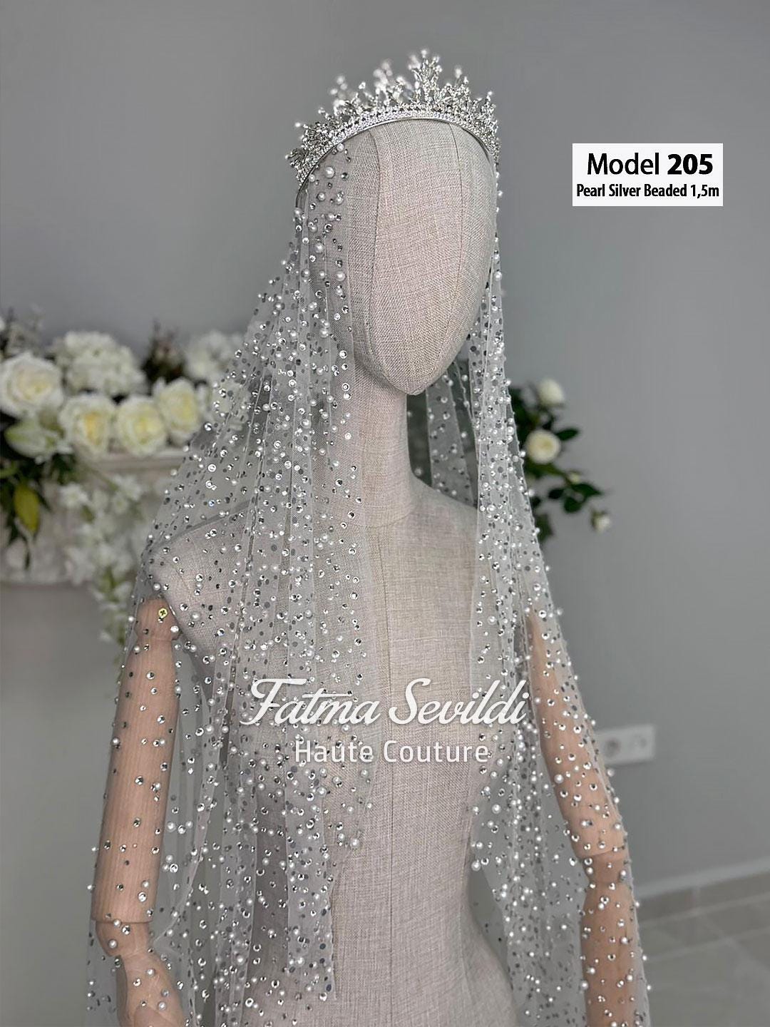 Pearl silver beaded cathedral bridal veil with sparkling tiara