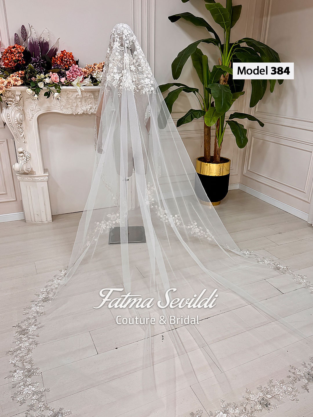 Modest Muslim bridal veil in sheer tulle with silver lace appliques