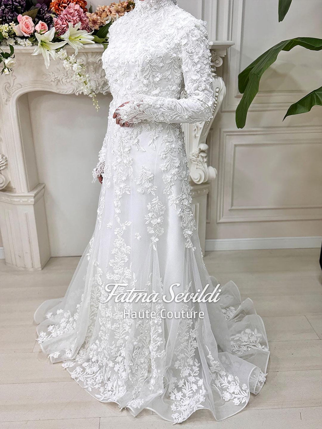 Elegant mermaid hijab wedding dress with high neck, long sleeves, 3D lace