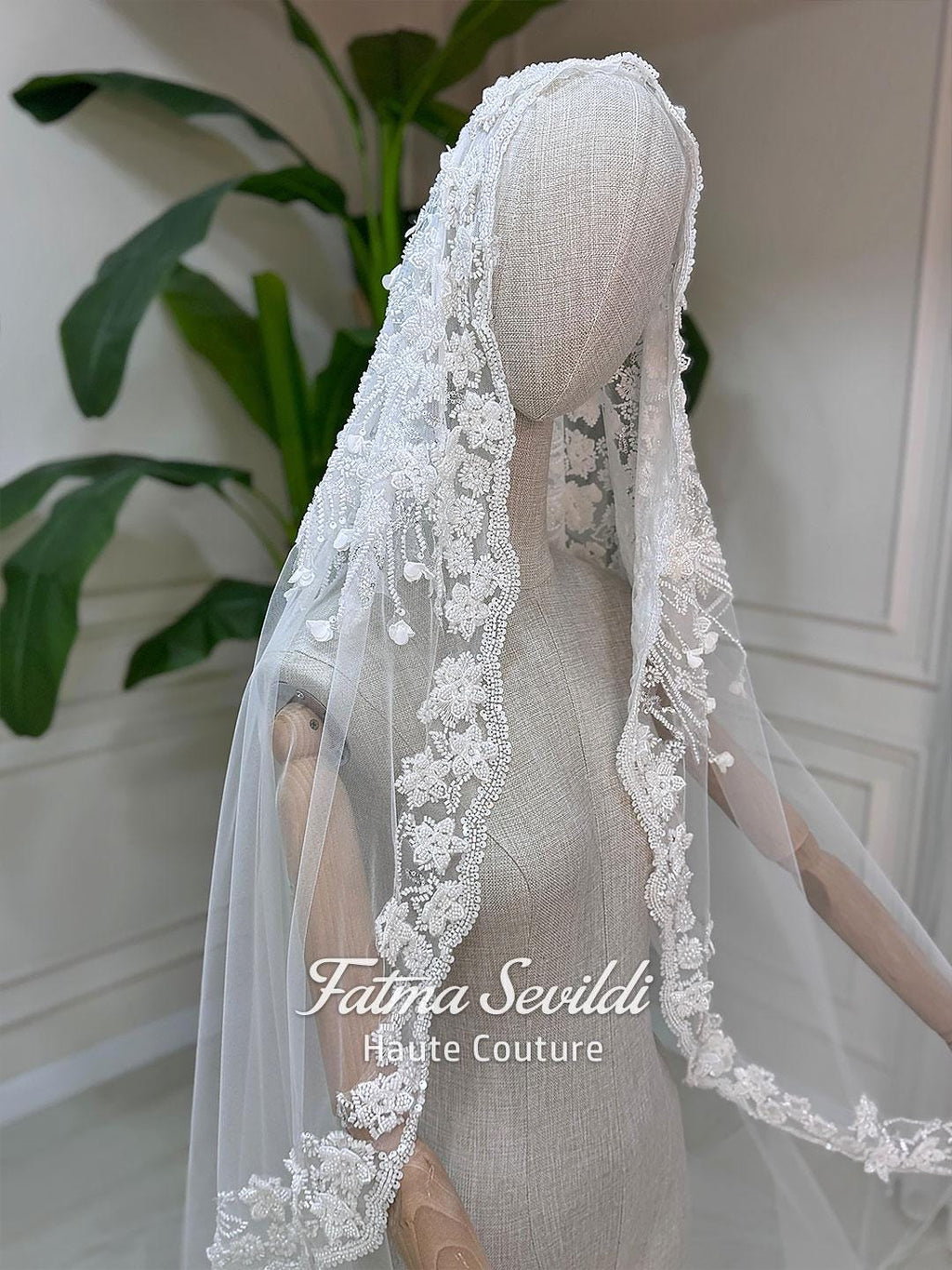 White lace bridal veil with floral embroidery for Veiled Mermaid gown