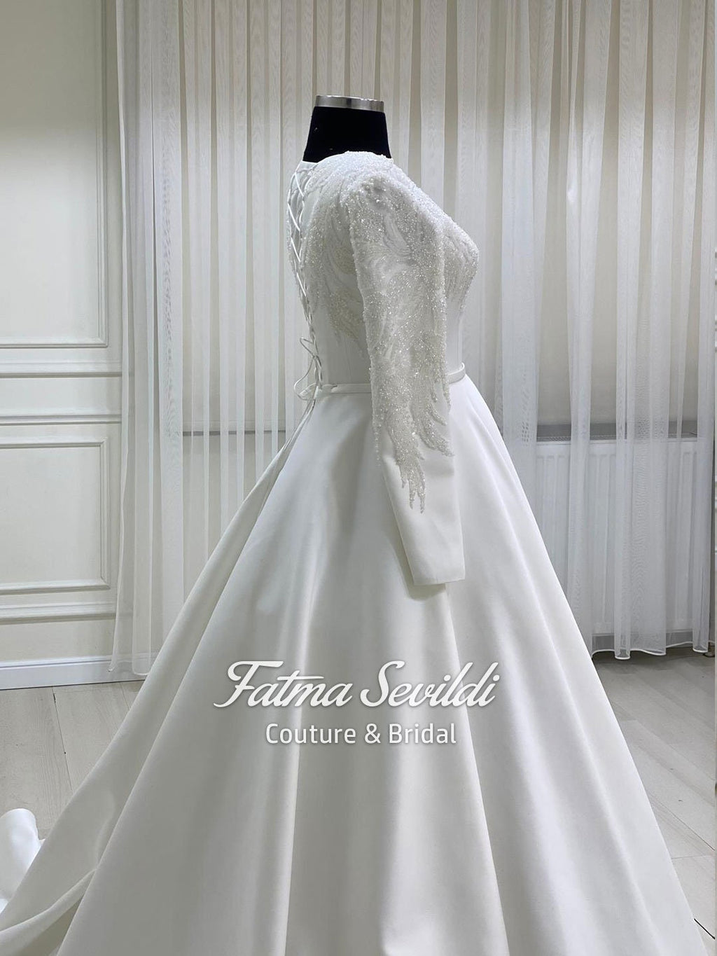 Satin modest long sleeve A-line Muslim wedding dress with veil