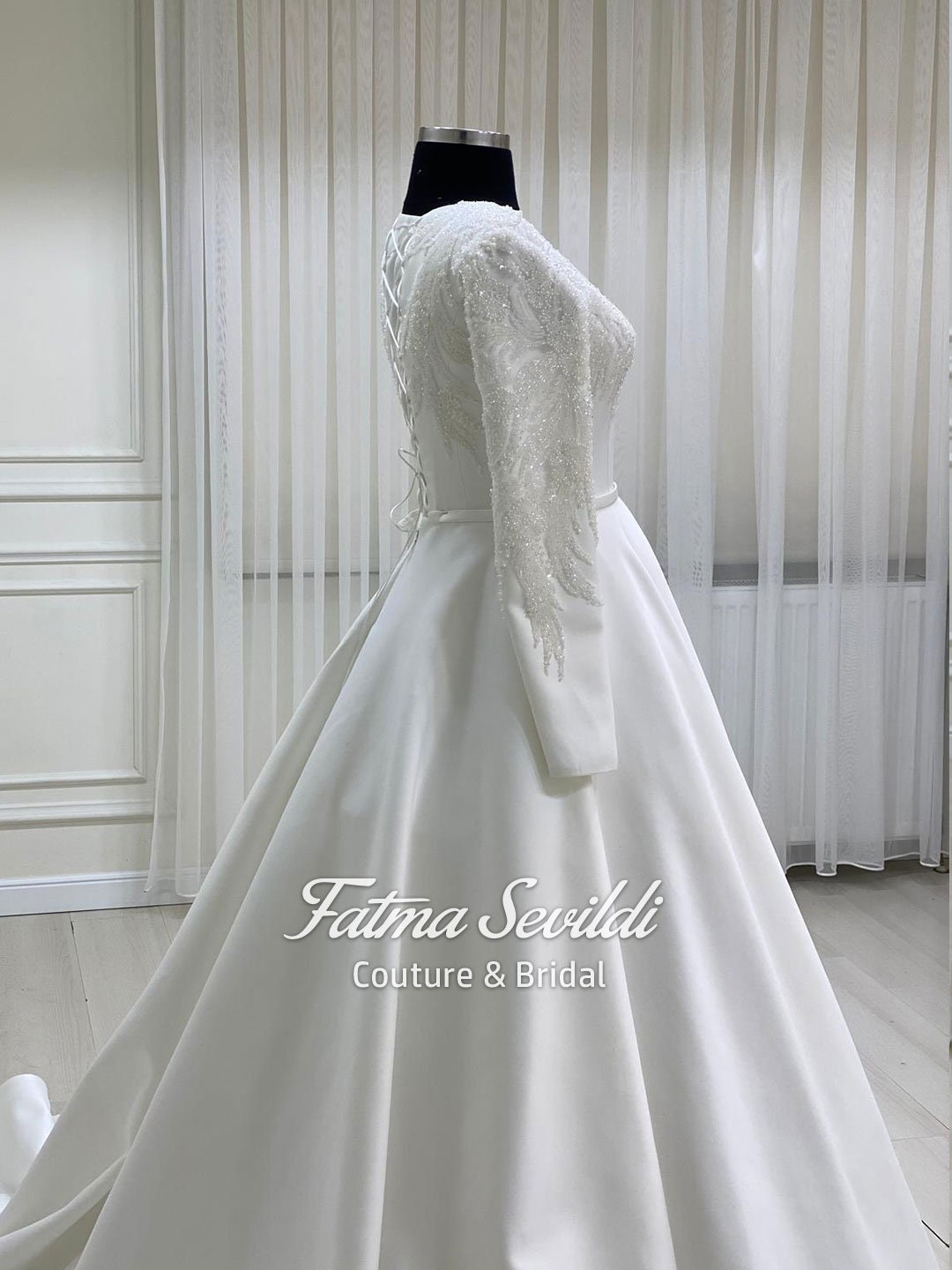 Satin modest long sleeve A-line Muslim wedding dress with veil