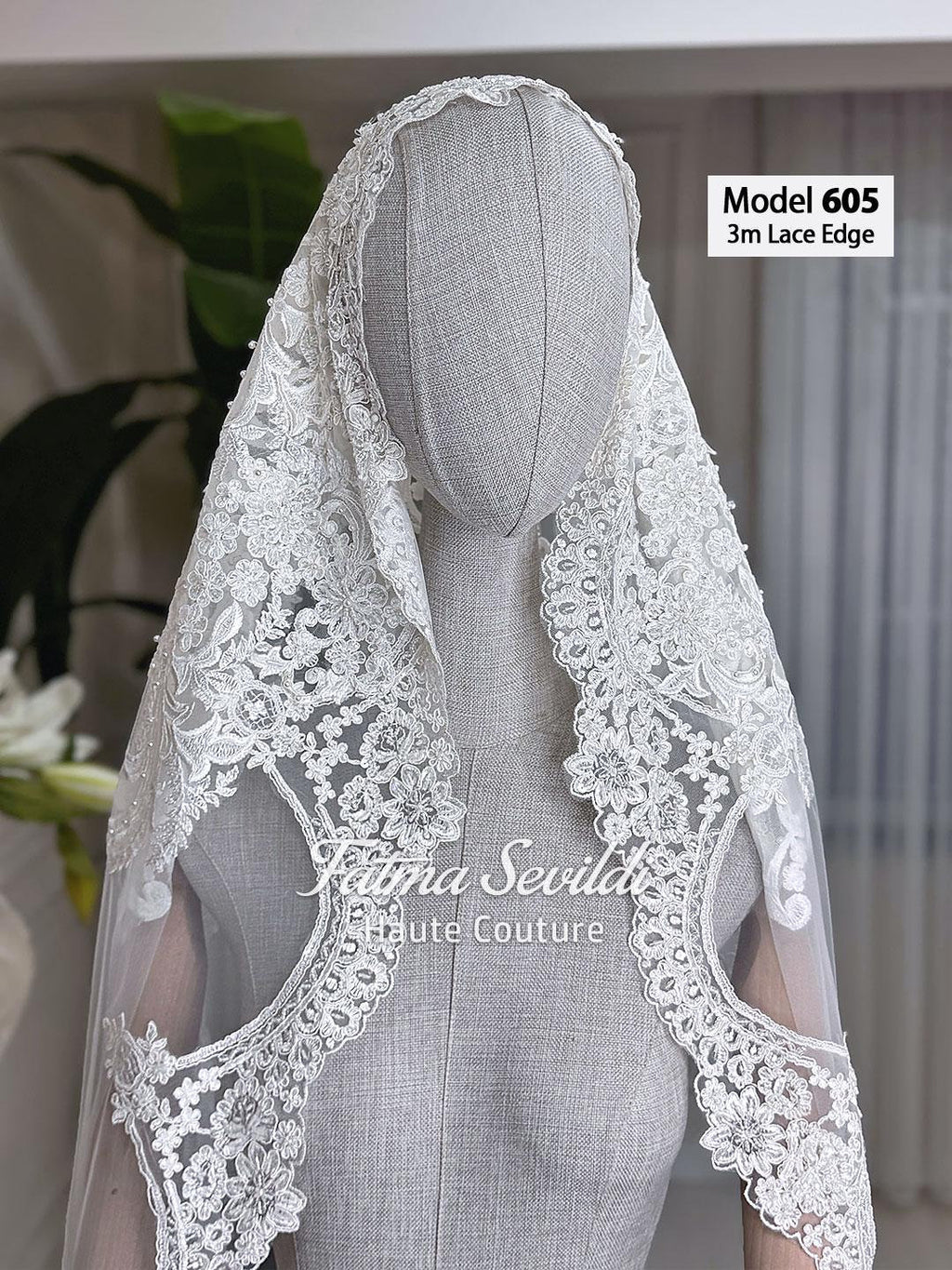 White lace cathedral hijab veil with floral embroidery, 3m length on mannequin