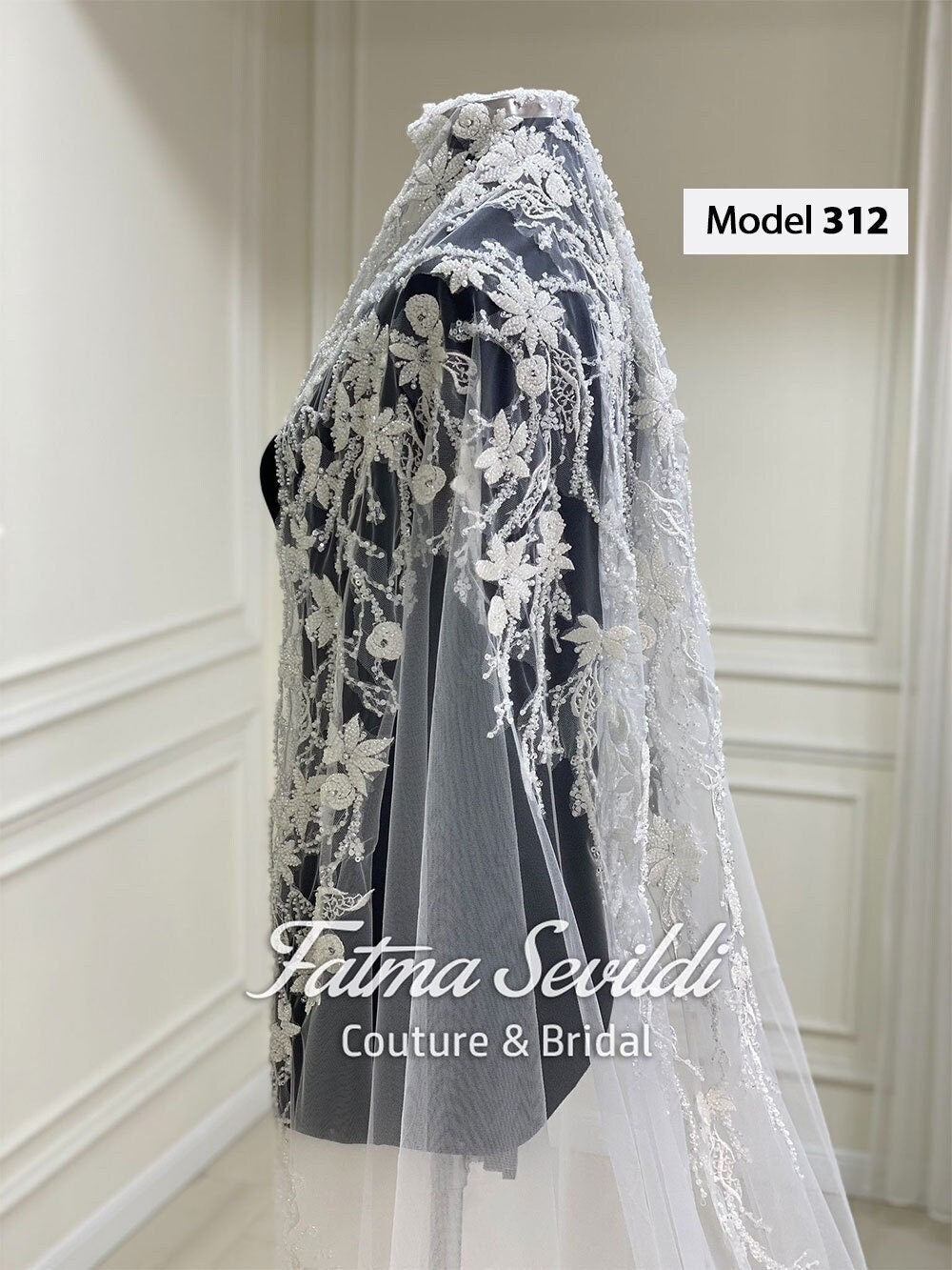Delicate PART2 cathedral beaded lace bridal veil with floral embroidery