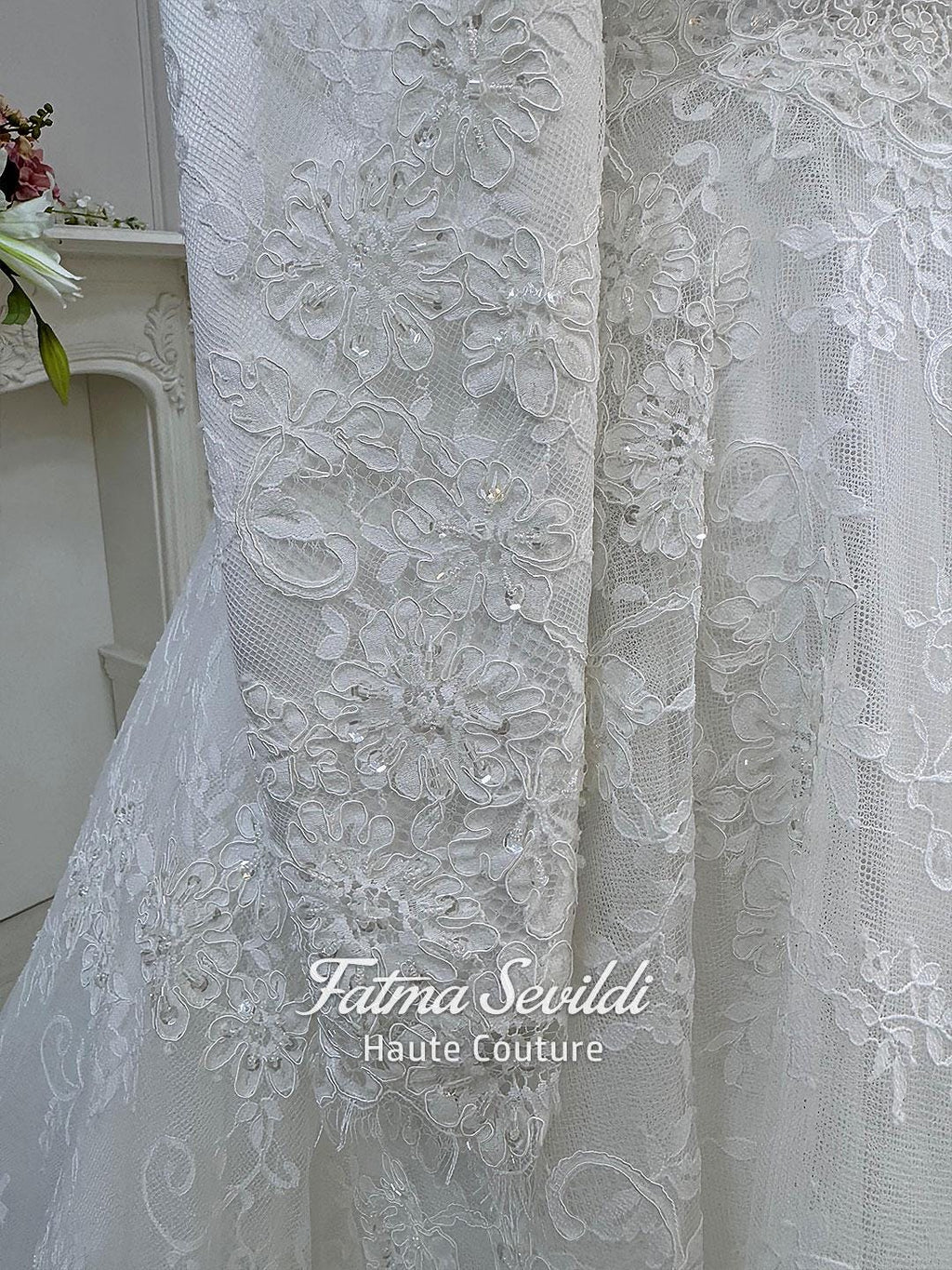 Elegant beaded lace Muslim wedding dress with high neck, long sleeves