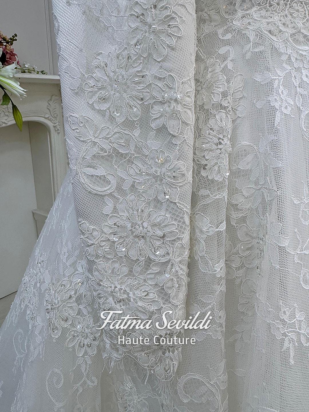 Elegant beaded lace Muslim wedding dress with high neck, long sleeves