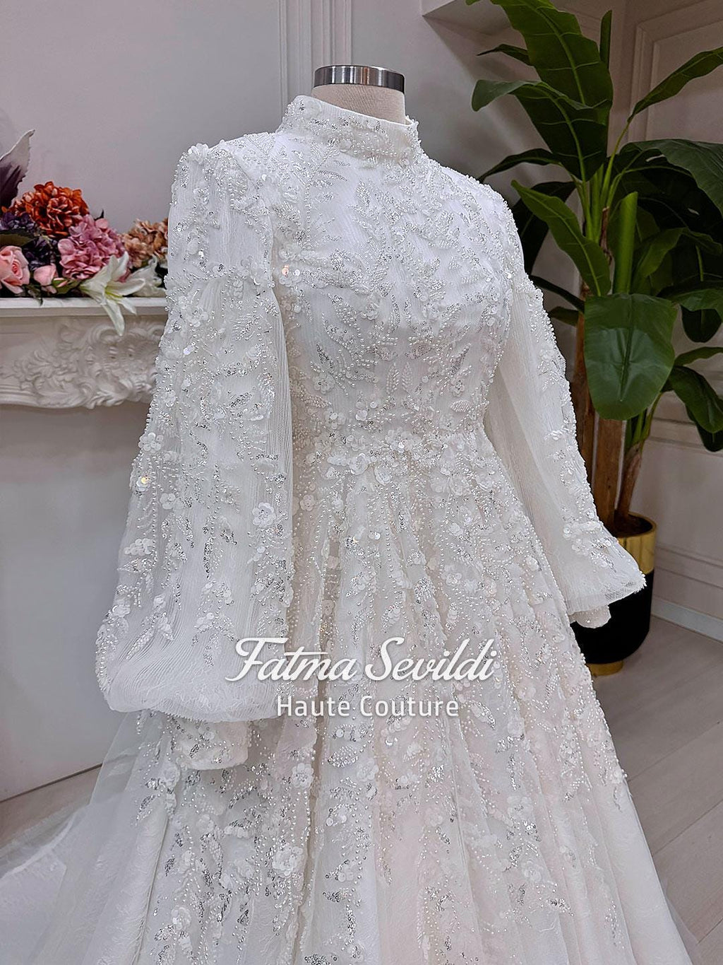 Veiled hijab wedding dress with balloon sleeves, high neck, beaded lace ballgown