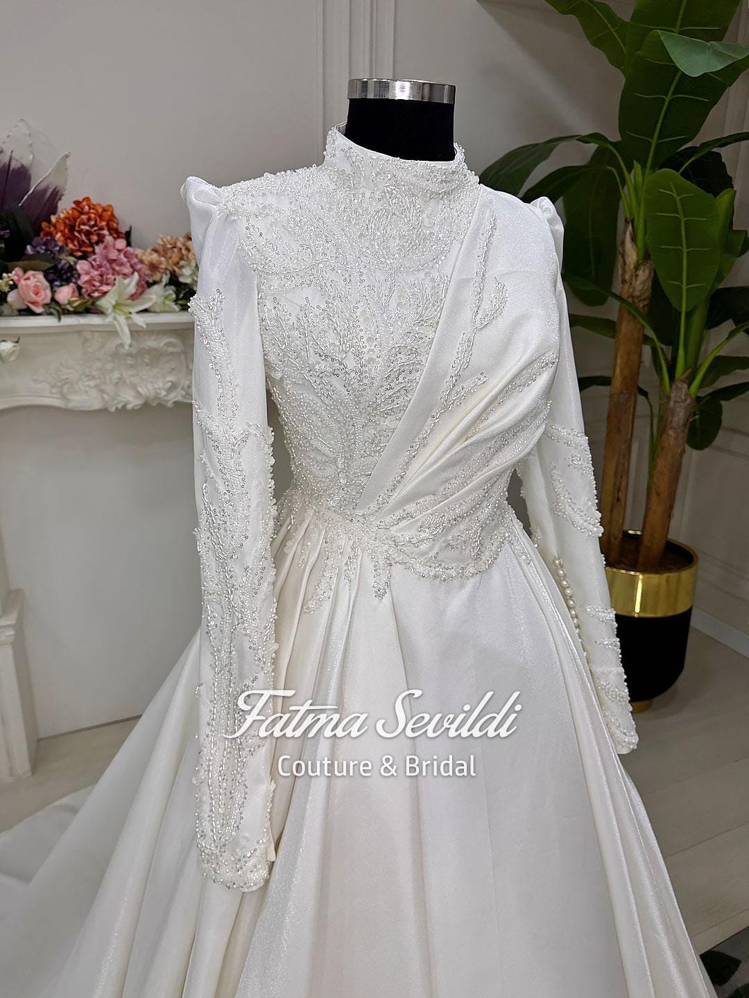 Veiled hijab wedding dress with beaded lace, high neck, long sleeves